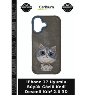 iPhone 17 Uyumlu Büyük Gözlü Kedi Desenli Kılıf 2.0 3D Cep Aksesuarı Model Koruma Koruyucu Kapak