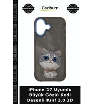 iPhone 17 Uyumlu Büyük Gözlü Kedi Desenli Kılıf 2.0 3D Cep Aksesuarı Model Koruma Koruyucu Kapak