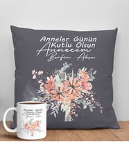 BK Gift Kişiye Özel İsimli Anneler Günü Tasarımlı Antrasit Kırlent Yastık ve Kupa Seti, Anneye Hediye, Ev Dekorasyonu, Anneler Günü Hediyesi-9