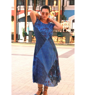 Kadın Mavi Patchwork Kısa Kollu Uzun Elbise