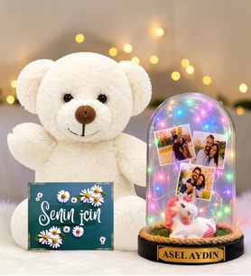 Kişiye Özel Yazılı 3 Fotoğraflı Renkli LED Işıklı Fanus(unicornlu) ve Beyaz Peluş Ayıcık Sevgiliye Hediye Kadına Hediye
