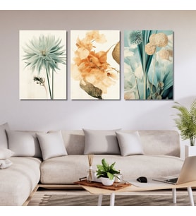 3'lü Kanvas Duvar Tablosu Seti Boho Pastel Çiçek Tasarımı