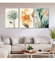3'lü Kanvas Duvar Tablosu Seti Boho Pastel Çiçek Tasarımı
