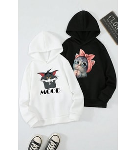 2'li Paket Baskılı Erkek - Kız Çocuk Rahat Kalıp Sweatshirt (Siyah)