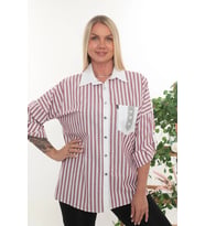 %100 Cotton Rahat Kalıp Çizgili Büyük Beden Kadın Uzun Kollu Gömlek (Bordo)