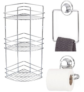 Banyo Aksesuarı 3 lü Set Kare Havluluk + Tuvalet Kağıtlığı + Banyo Köşe Rafı 3 Katlı Şampuanlık Yapı