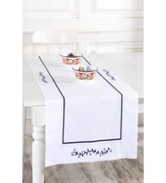 Beyaz Buldan Keteni Lacivert Biyeli Zarif İşlemeli 50x130 cm Runner (Beyaz - Lacivert)