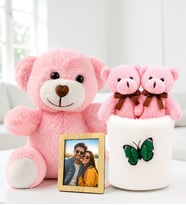 Kişiye Özel Fotoğraflı Pembe Peluş Ayıcık ve Peluş Saksıda Ayıcık Buketi Arkadaşa Kadına Sevgiliye Hediye Seti