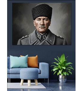 Kalpaklı Mustafa Kemal Atatürk Portresi Dekoratif Kanvas - Mdf Ahşap Tablo