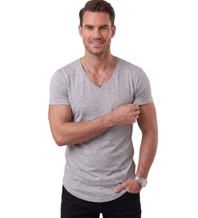 DeepSEA Gri Erkek Slim Fit Derin V Yaka Basic Tişört %90 Pamuk Likralı Asimetrik Kesim 2602265