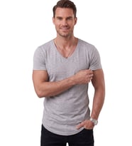DeepSEA Gri Erkek Slim Fit Derin V Yaka Basic Tişört %90 Pamuk Likralı Asimetrik Kesim 2602265