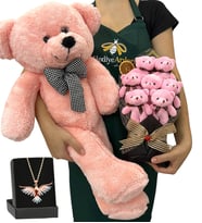 Premium Hediye Seti - Renkli Anka Kuşu Kolyeli, 7'li Ayıcık Buketli ve Pembe Peluş Ayıcıklı Set (Model 5)