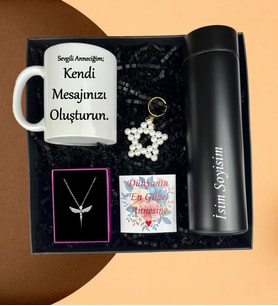 Anneler Gününe Özel Kişiye Özel Kupa Bardak Dijital Göstergeli Termos Yıldız İnci Anahtarlık Melek Kolye Hediye Seti