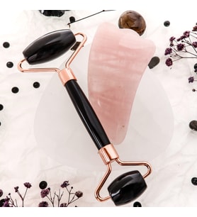 Obsidyen Roller ve Pembe Kuvars Kaz Ayağı Gua Sha Takımı (Karışık)