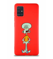 Samsung Galaxy A51 Soft Premier Kapak Squidward Dokunaç Tasarımlı Silikon Kılıf - Kırmızı (Şeffaf)