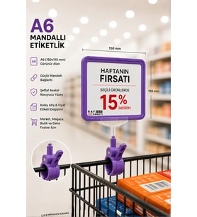 A6 Fiyatlık Mandallı Etiketlik Sepet Raf Askılık Fiyat Etiketi Çerçeveli Market Mağaza Mor