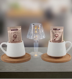 Bambu Tabaklı Porselen Fincan & Mini Abajur  & Kahve Seti