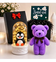 Siyah Hediye Kutusunda Penguen Biblolu LED Işıklı Fanus ve Mor Peluş Ayıcık Hediye Seti