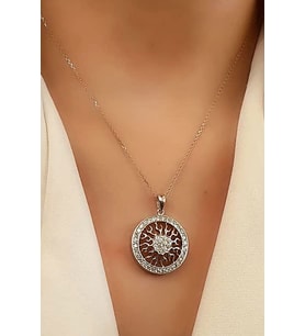 Zirkon taşlı güneş figürlü 925 ayar gümüş tasarım kolye