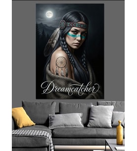 Kızılderili Dreamcatcher Kadın Portresi Dekoratif Kanvas - Mdf Ahşap Tablo