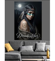 Kızılderili Dreamcatcher Kadın Portresi Dekoratif Kanvas - Mdf Ahşap Tablo