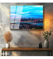 Altın Renk Metal Çerçeveli Tamperli Cam Tablo İstanbul Boğaz Köprüsü Gece Şehir Mimari Tablo Duvar Dekoru