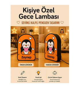 Kişiye Özel İsimli Kalpli Penguen Gece Lambası Sıcak Işıklı Çocuk ve Bebek Odası Dekoru