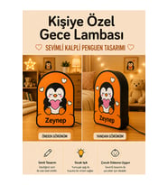 Kişiye Özel İsimli Kalpli Penguen Gece Lambası Sıcak Işıklı Çocuk ve Bebek Odası Dekoru