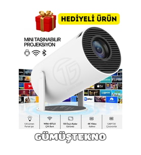 Mini Kablosuz Projeksiyon HD, HDMI, USB, Android TV, Dahili Hoparlör, Hediyeli