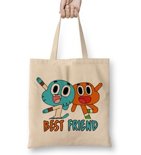 Gumball & Darwin Baskılı Sevimli Best Friends Bez Çanta Uzun Saplı