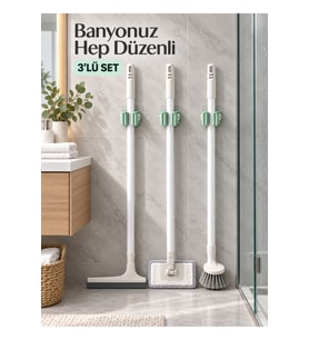 3 Adet Yapışkanlı Mop Tutucu Duvar Tipi Çift Rulo Paspas Sapı Tutucu