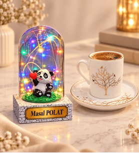 Hayat Ağacı Tasarımlı Kahve Fincanı ve Kişiye Özel Yazılı Renkli LED Pandalı Fanus
