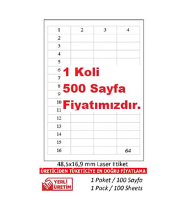 A1 Etiket Lazer Etiket tw-2564 500 A4 Sayfa Lazer Etiket  48,5 x 16,9 mm Boyutunda 1 A4 Sayfada 64 Etiket
