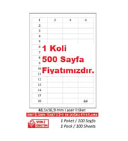 A1 Etiket Lazer Etiket tw-2564 500 A4 Sayfa Lazer Etiket  48,5 x 16,9 mm Boyutunda 1 A4 Sayfada 64 Etiket