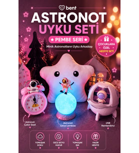 Astronot Figürlü Uyku Seti 4'lü Çocuk Hediye Seti 3 Renk Modlu Şarjlı Astronot Gece Lambası USB Şarjlı Nemlendirici Pilli Çalar Saat Yıldız Yastık Pembe Seri
