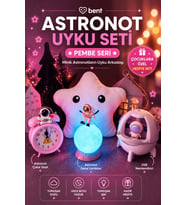 Astronot Figürlü Uyku Seti 4'lü Çocuk Hediye Seti 3 Renk Modlu Şarjlı Astronot Gece Lambası USB Şarjlı Nemlendirici Pilli Çalar Saat Yıldız Yastık Pembe Seri