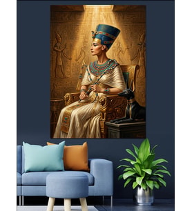 Tahtta Oturan Mısır Kraliçesi Nefertiti Dekoratif Kanvas - Mdf Ahşap Tablo