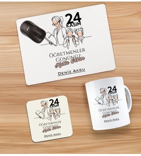 BK Gift Kişiye Özel İsimli Öğretmenler Günü Tasarımlı Kupa, Bardak Altlığı ve Mousepad Hediye Seti - 17, Öğretmene Hediye, Öğretmenler Günü