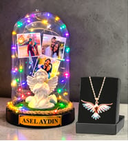 Kişiye Özel Renkli Led Işıklı Fanus ve Renkli Zümrüdü Anka Kuşu Kolye (Model 3)