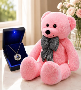 Işıklı Kutuda 925 Ayar Gümüş Altın Kaplama Altıgen Baget 100 Dilde Seni Seviyorum Kolye ve 80 cm Pembe Peluş Ayıcık Hediye