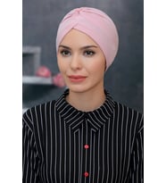 Pudra Pratik Hazır Geçmeli Tesettür Bone Sandy Kumaş Taçlı Büzgülü 1208_06