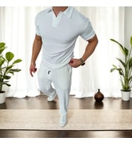 Erkek, Fitilli Kumaş, Regular Fit, Ottoman Kumaş, Organik Pamuklu, Polo Yaka, Tshirt ve Eşofman Alt, Takım (Düz Beyaz)