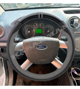 Ford Fiesta Mk5 Dikme Direksiyon Kılıfı Parlak Siyah Gri Detaylı Gri Çift Yüzük ve Dikiş 2006-2008