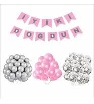 METALİK PEMBE-ŞEFFAF-GÜMÜŞ BALON+BANNER SETİ
