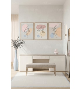 Pastel Tonlarda Botanik ve Soyut Çizimler 3’lü Ahşap Çerçeveli Tablo Seti