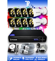 PICAM 8 Kameralı Kare 8 Dış Kamera Set 500 GB HDD Full HD Renkli Gece Görüşlü Güvenlik Kamerası Sistemi (Beyaz)