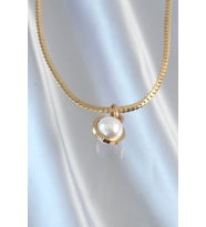 316L Çelik Gold Renk Yassı Zincir İnci Taşlı Kolye 5886 - SSSSSS7360-7872