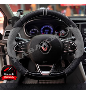 Renault Espace 5 Dikme Direksiyon Kılıfı Delikli Deri Parlak Siyah Gri Detay Çift Yüzük ve Dikiş 2015-2023
