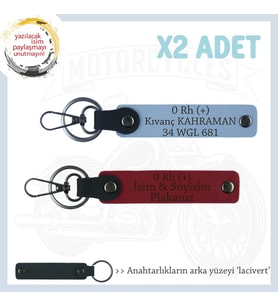 Biker Stiline Özel, İsim Plaka ve 0+ Kan Grubu Yazılı Anlamlı Motor x2 Anahtarlık, Kırmızı-Mavi-Laci (Çok Renkli)