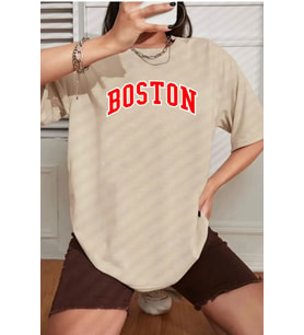 Unisex Boston Baskılı T-shirt (Bej)